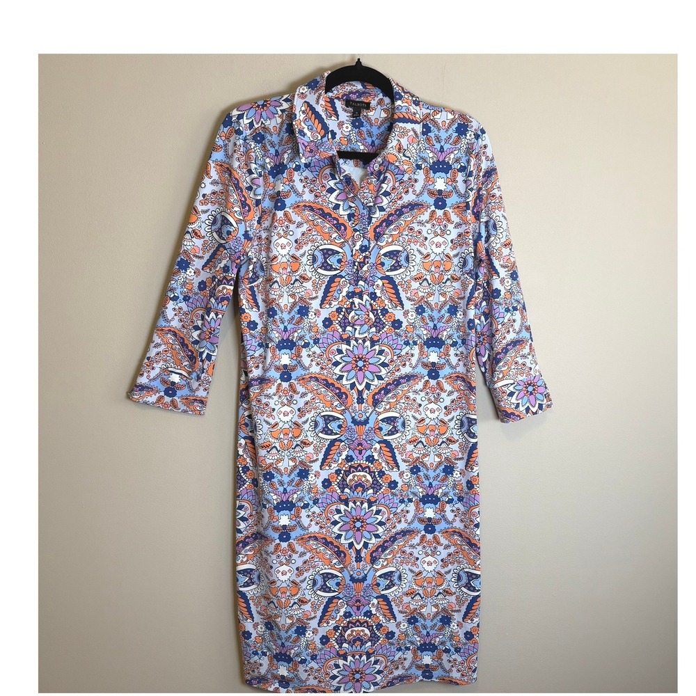 Talbots Paisley Shirt Dress Medium Blue Orange 3/4 Sleeve Stretch Knit